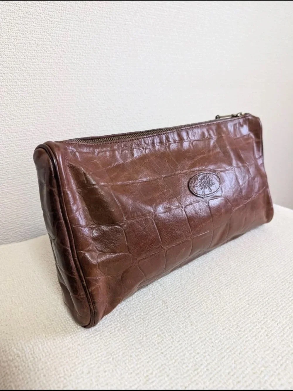 Mulberry Brown Croc-Embossed Leather Cosmetic Pouch